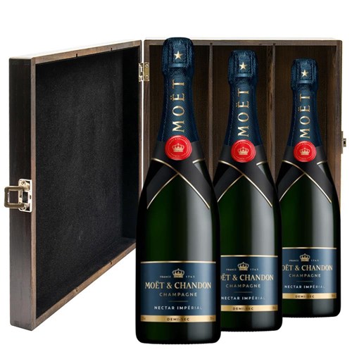 Moet & Chandon Nectar Demi Sec Champagne 75cl Treble Elm Wood Gift Boxed Champagne (3x75cl)